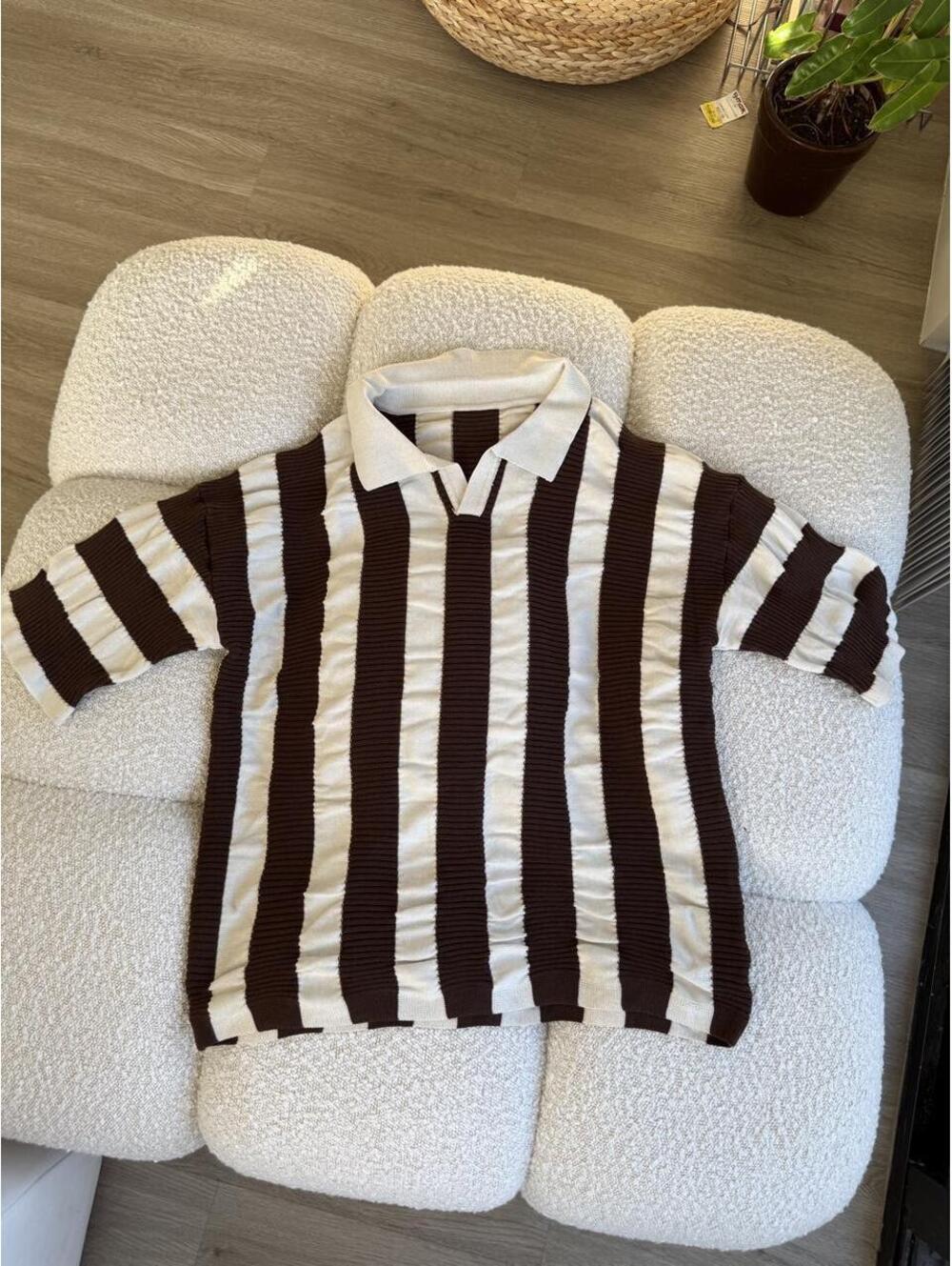 MANFINITY Large Brown and Cream Striped Knit Polo Shirt
